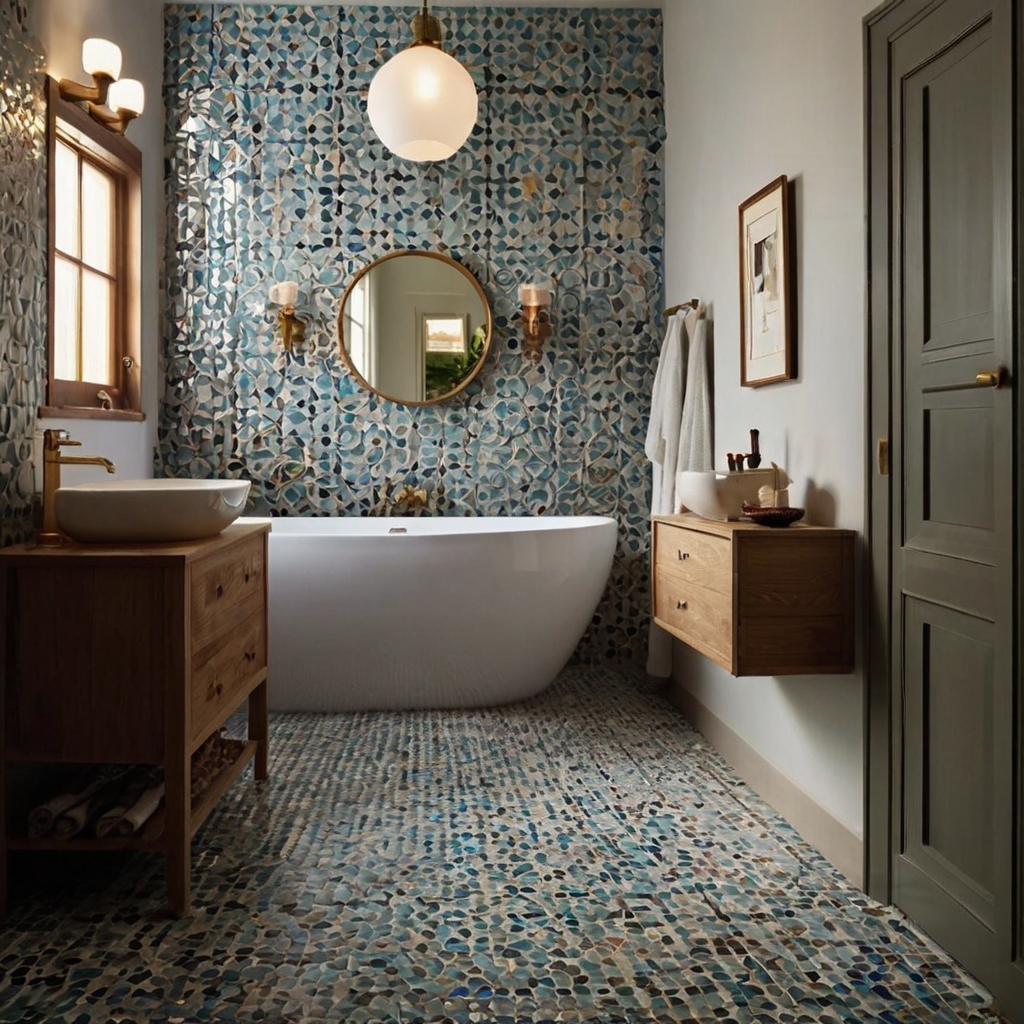 Hexagonal mosaic tiles cover the half bathroom, catching light for dynamic texture. Soft shadows enhance motion and rhythm.