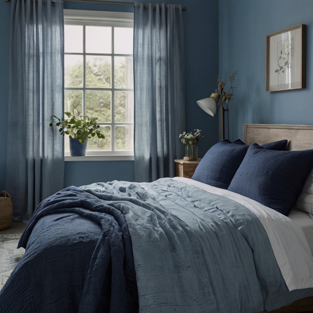 Layers of blue tones create a peaceful, oceanic bedroom. Driftwood textures and light gradients calm the space.