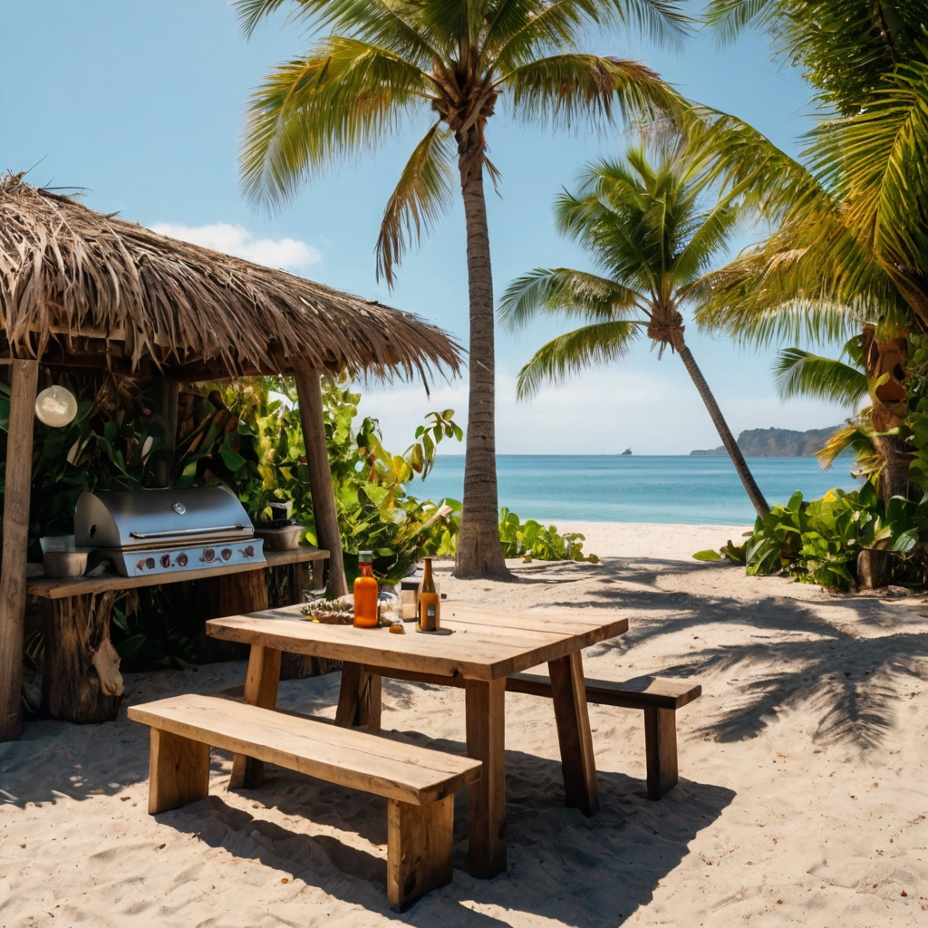 A beachy tropical outdoor cooking area surrounded by palm trees and driftwood seating. The grill sizzles as the ocean breeze enhances the laid-back island cooking vibe.