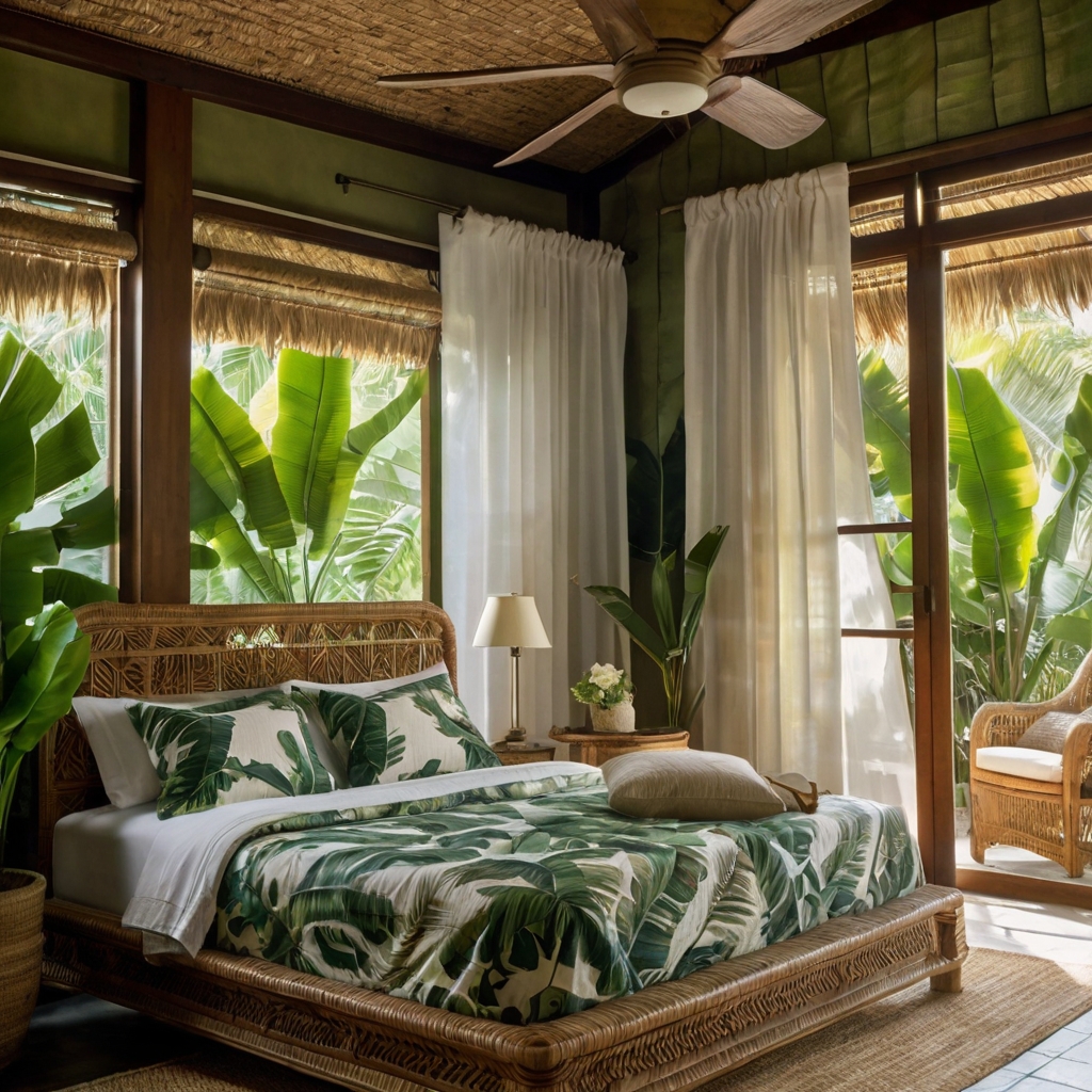 Tropical bedroom featuring palm prints, wooden accents, and fresh greenery. Breezy layout and sunlight radiate island warmth.