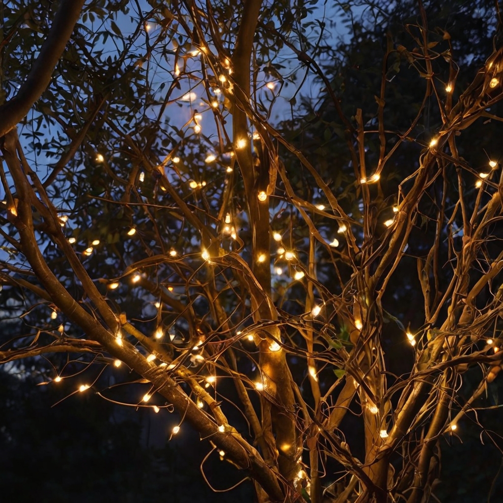 Twinkle lights softly glow through tree branches in evening shade. DIY lighting turns garden pathways into dreamy wonderlands.