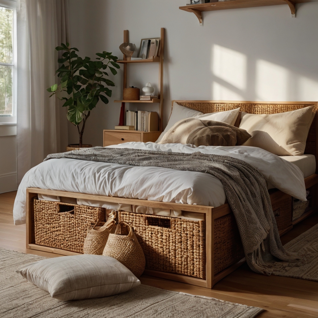 Modern wooden bed with storage baskets tucked neatly underneath, holding folded blankets and books. Natural daylight and soft shadows highlight minimalist bedroom decor.