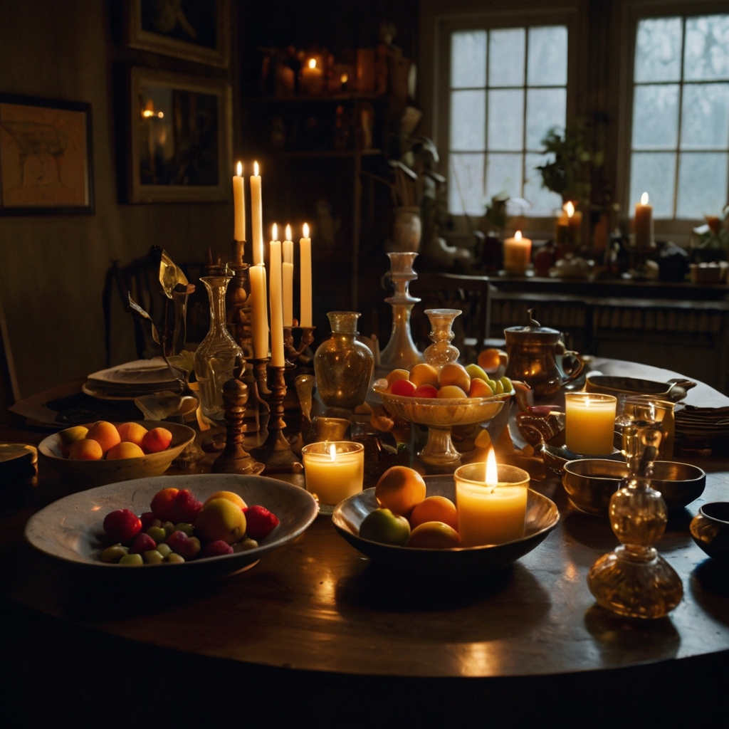 A table cluttered with candles, keys, fruit bowls, and tiny sculptures. Soft lighting casts shadows on the spontaneous artful mess, creating visual interest.