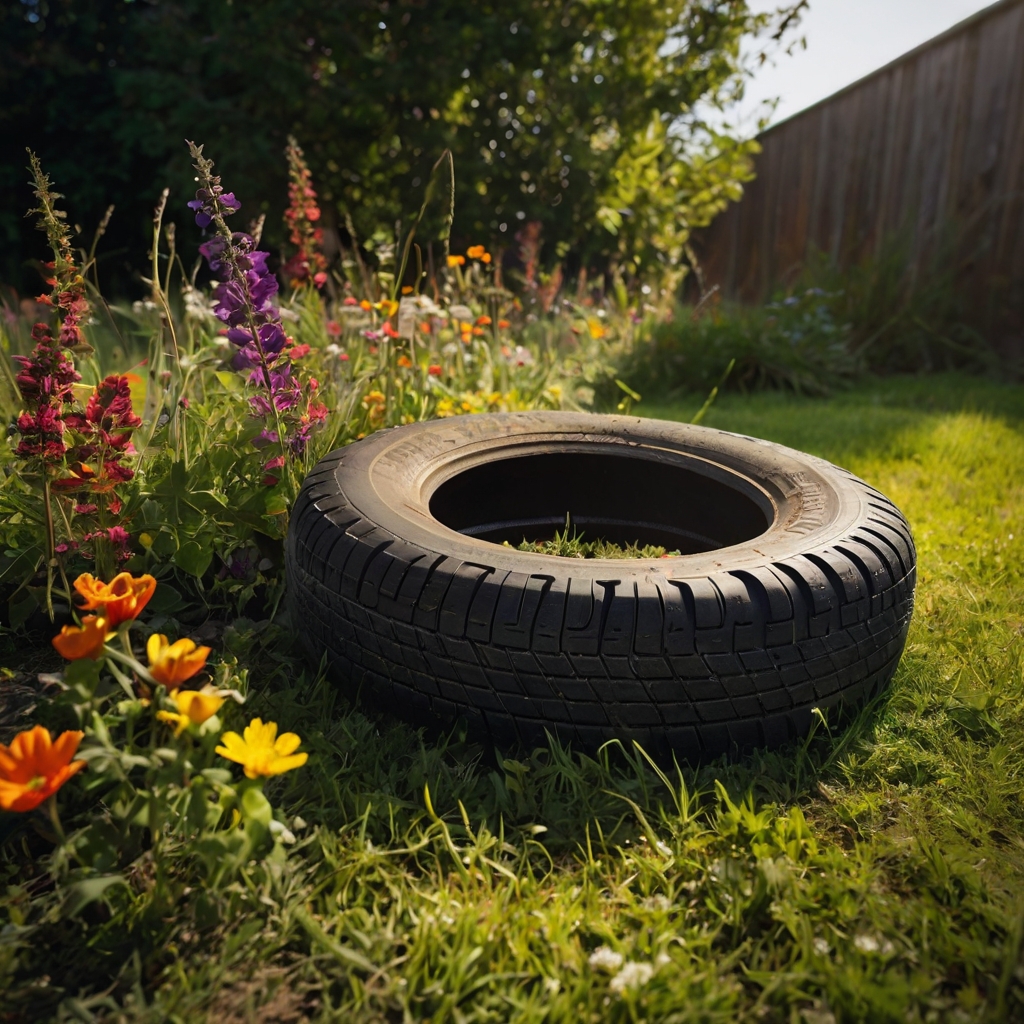 Colorful painted tires cradle bright wildflowers on a garden lawn. Recycled garden decor transforms waste into vibrant floral displays.