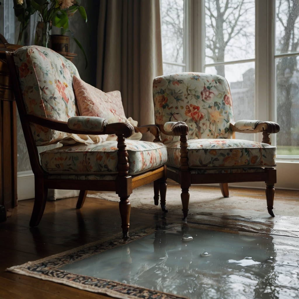 Floral upholstered armchairs sit upright near sheer-curtained windows. Gentle sun fades colors slightly for a timeless vintage look.