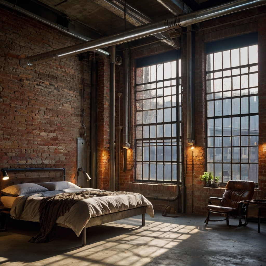 Sunlight streams through factory-style windows onto exposed brick and steel furniture. Edison bulbs cast shadows on raw concrete surfaces.
