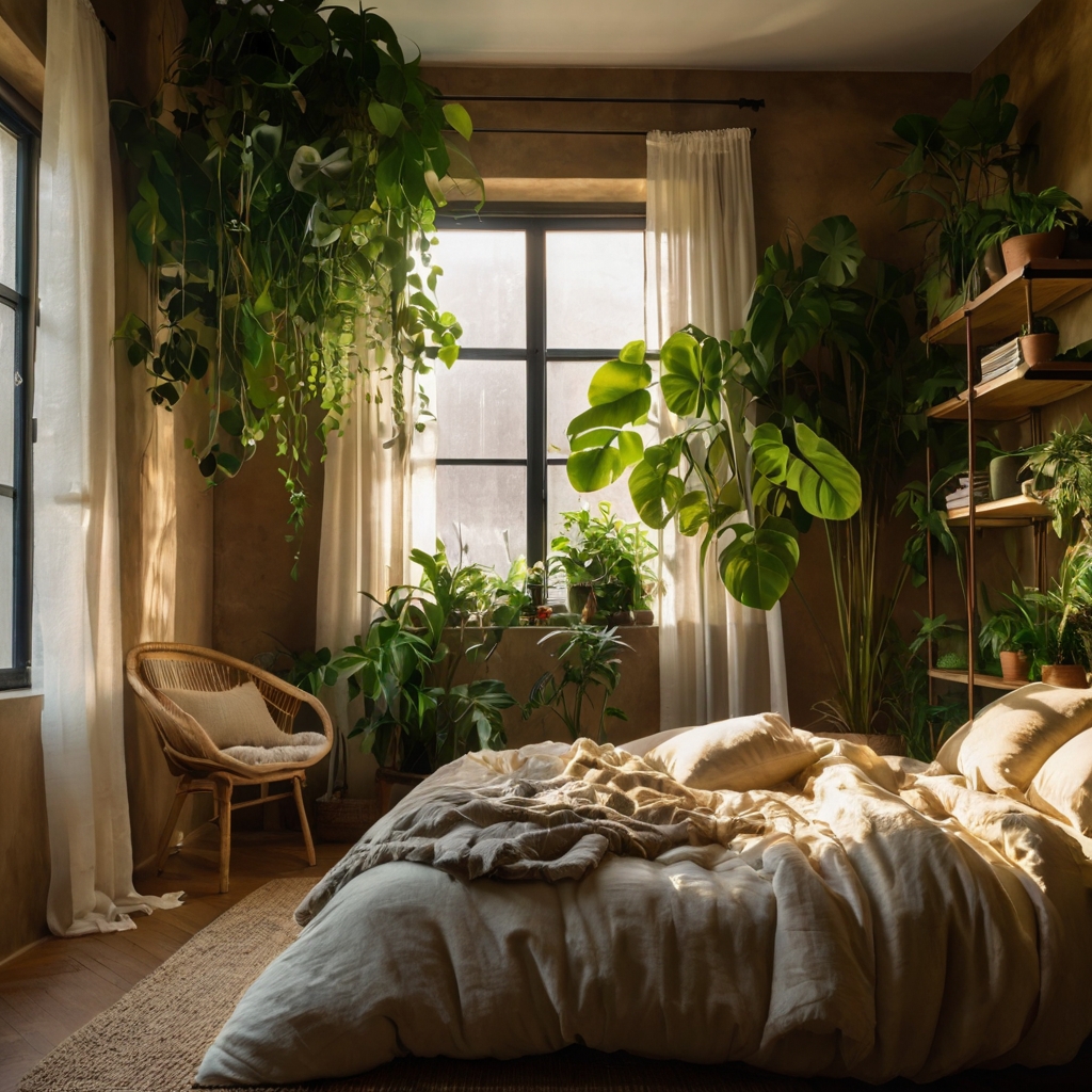 Indoor jungle-themed bedroom brimming with plants, wicker, and warm natural light. A green escape in an urban setting.