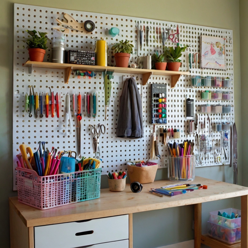 White pegboard on pastel wall holds craft tools and baskets. Tilted angle and soft daylight enhance detail and liveliness.