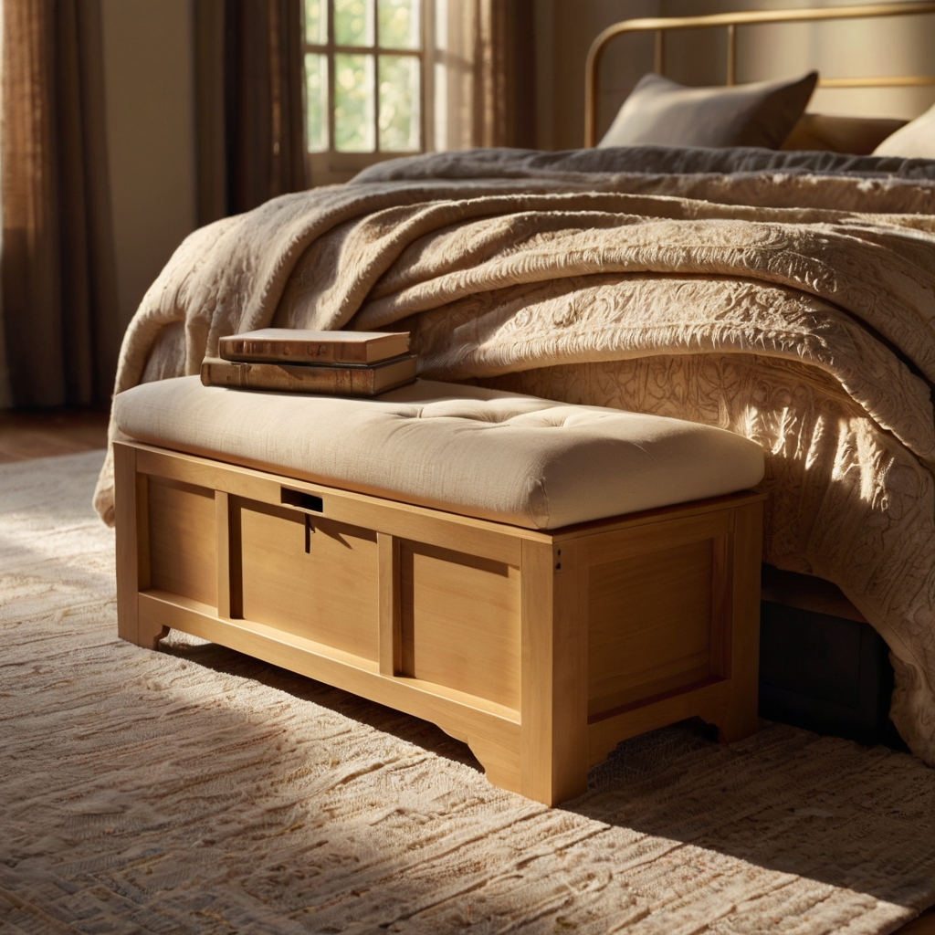 Storage bench at bed’s end reveals hidden space for books and throws. Sunset light adds warmth to the cozy bedroom setup.