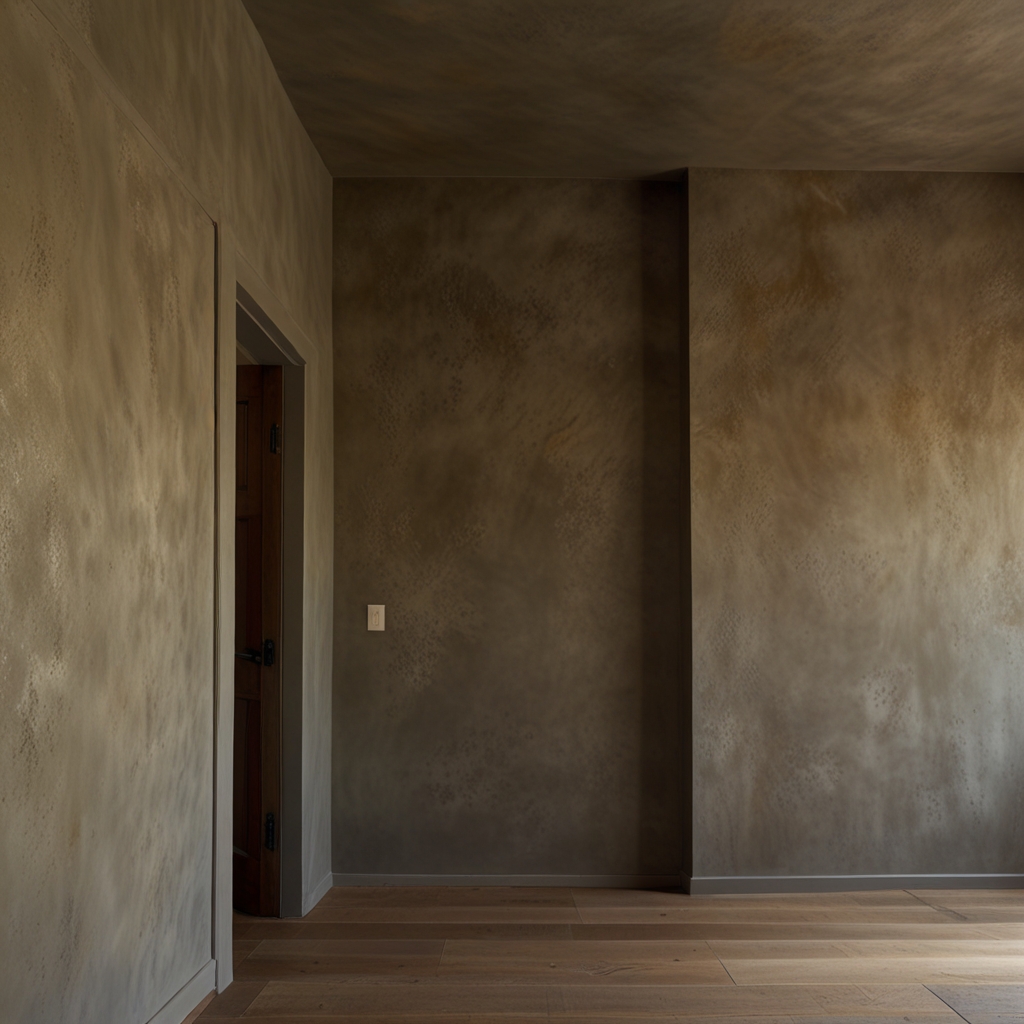 Smooth Venetian plaster wall in earthy tones highlighted by soft skylight glow. Subtle trowel marks enhance artisanal finish and texture.