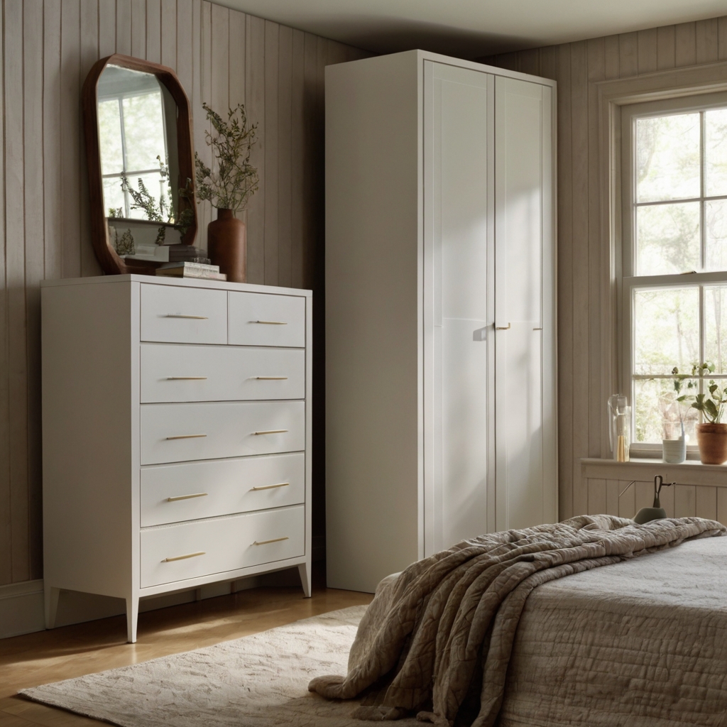 Slim white vertical dresser placed in a small bedroom corner. Natural light highlights handles and modern woodgrain finish.