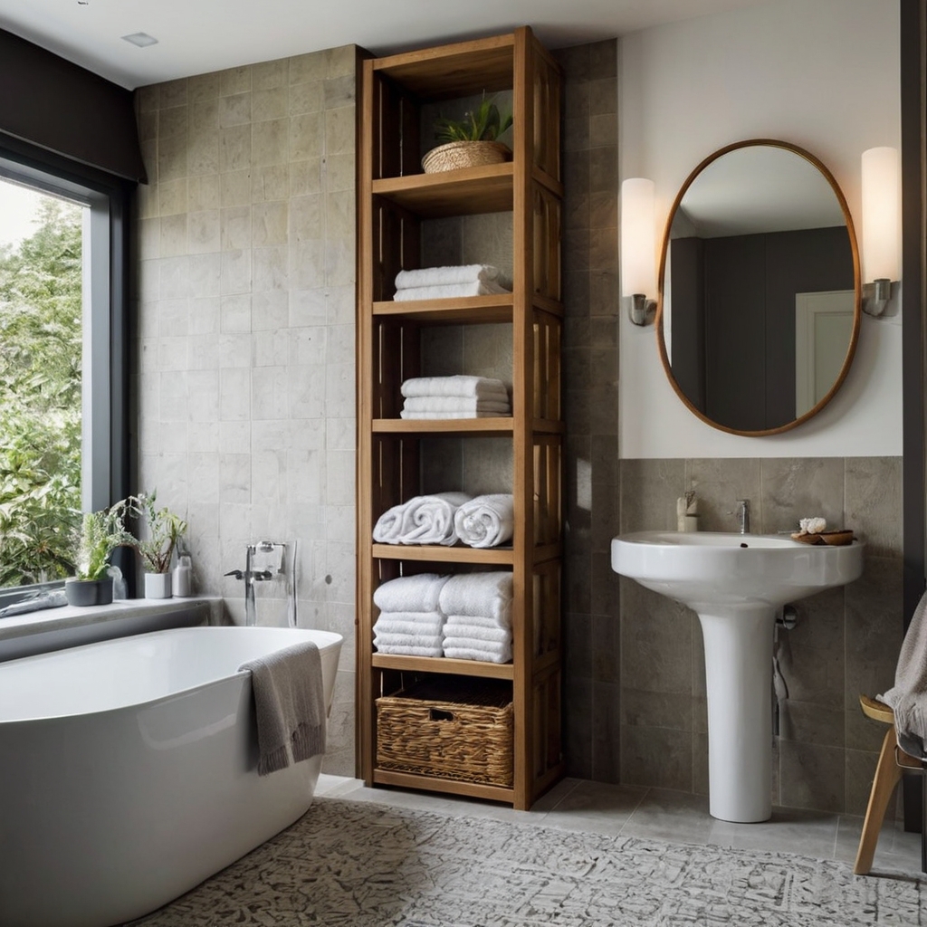Tall shelving units stack towels and baskets in a compact bathroom. Vertical lines draw the eye upward, saving space elegantly.