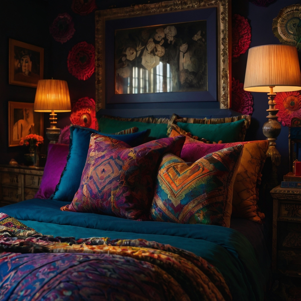 Eclectic bedroom bursting with color, mixed patterns, and personalized decor. Creative chaos shines under soft ambient light.