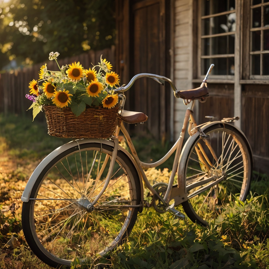 An old bicycle stands adorned with flower-filled baskets near garden paths. Rust meets bloom in this nostalgic garden centerpiece.