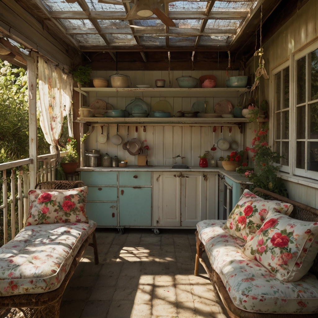 A retro-inspired outdoor cooking area with enamelware and floral accents. Soft lighting and nostalgic decor create a warm, inviting atmosphere for cooking and dining.