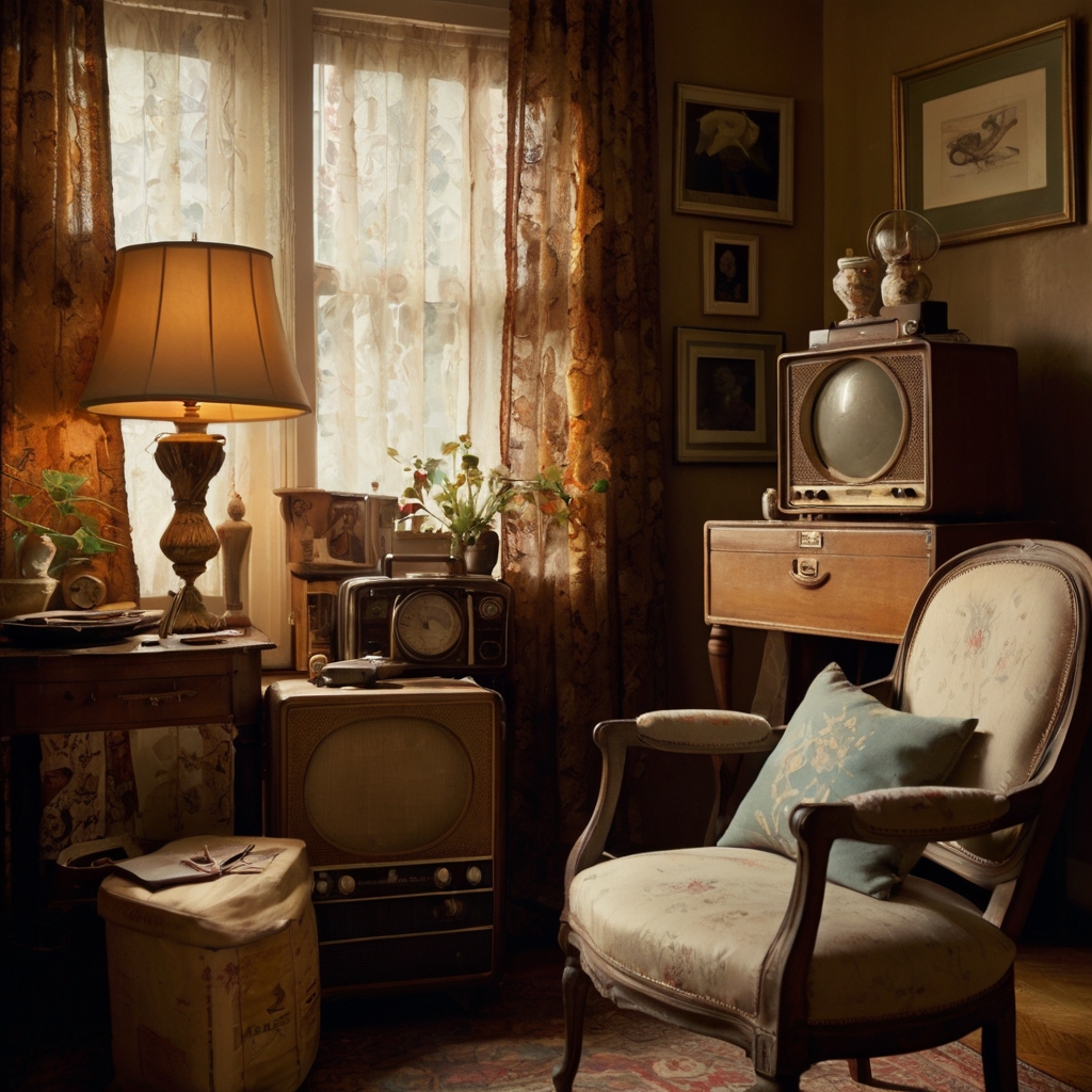 A room full of vintage treasures like old radios, cracked globes, and embroidered chairs. Warm golden lighting brings out the nostalgic beauty in the clutter.