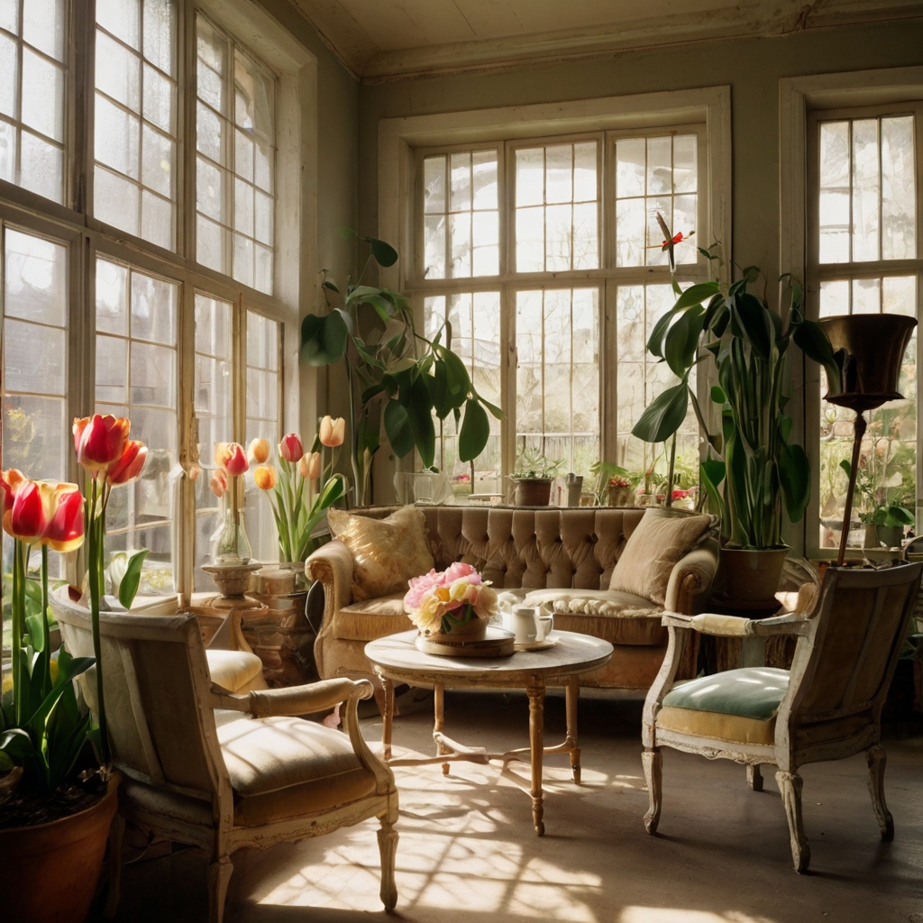 A vintage-inspired sunroom with faded velvet armchairs and brass-legged tables, where warm sunlight filters through, casting a nostalgic glow.
