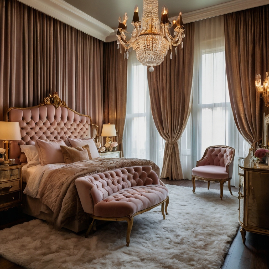 Vintage bedroom showcasing ornate furniture, metallic accents, and classic lighting. Old-world beauty mixes with luxury.