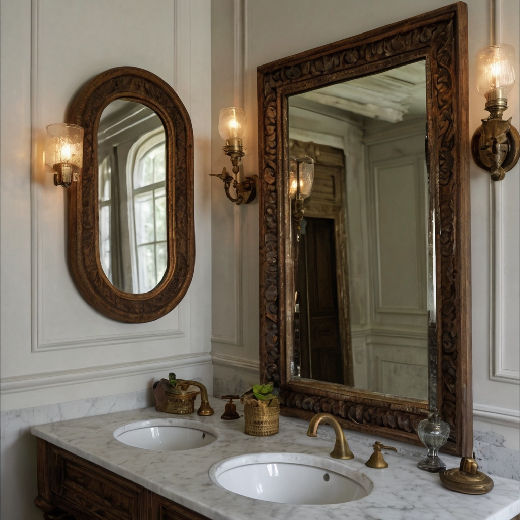 Half bath featuring an ornate vintage mirror glowing softly. Reflected light and detailing bring cozy charm to the space.