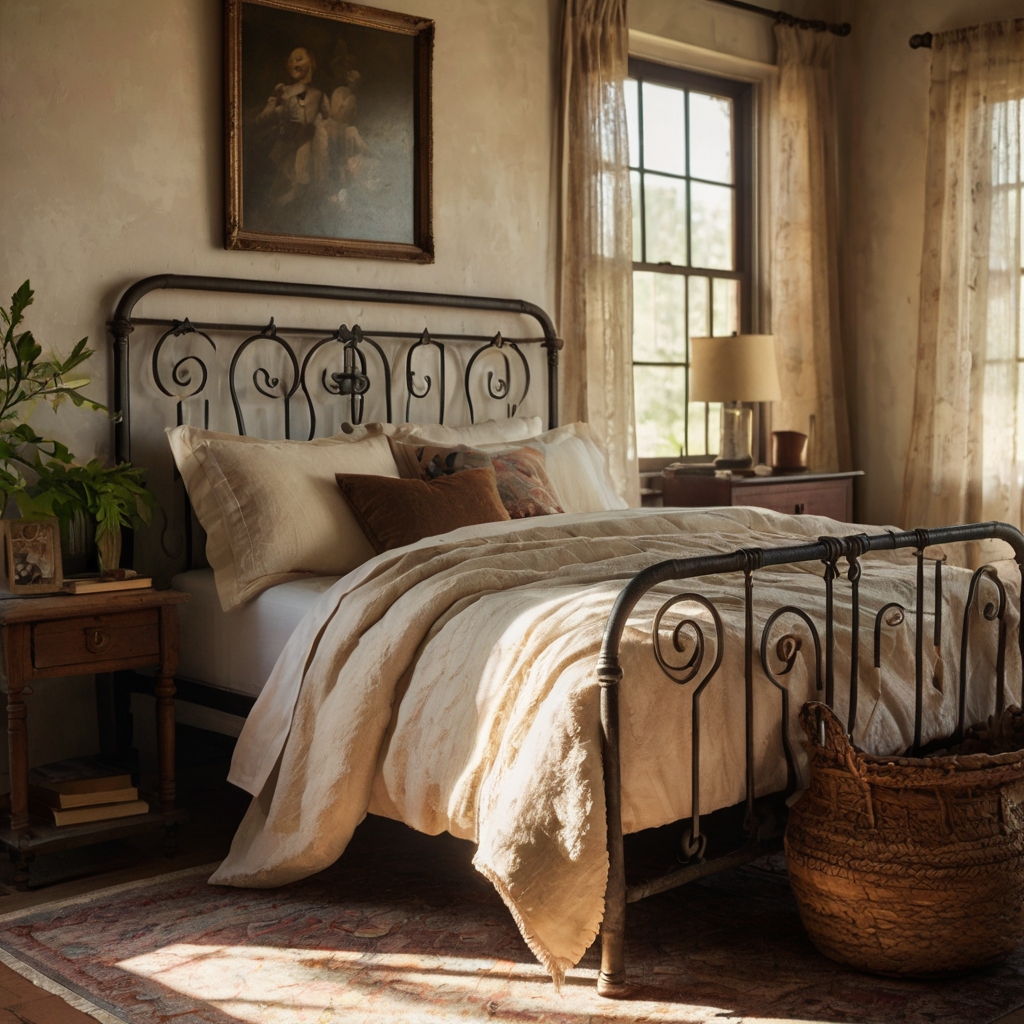 Antique iron bed with swirled detailing in a muted cream room. Lace curtains filter soft morning light over wooden floors.