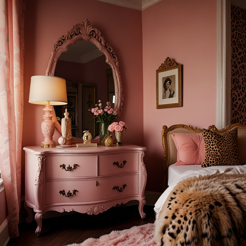 Antique carved furniture pairs with cheetah poufs for a wild-vintage blend. Ornate wood details pop beside animal-inspired decor.
