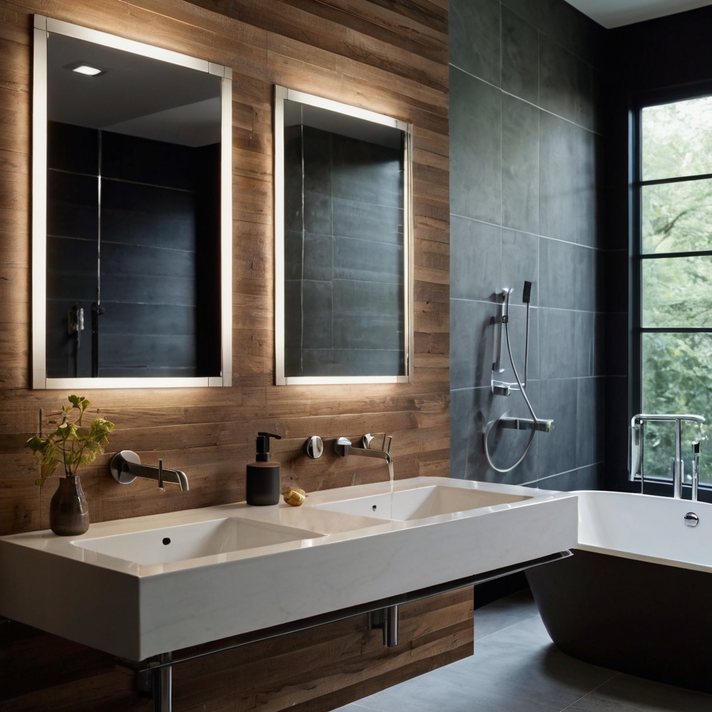 Faucets mounted above the sink clear up counter space. Clean lines and sleek metal finish enhance the minimalist vibe.