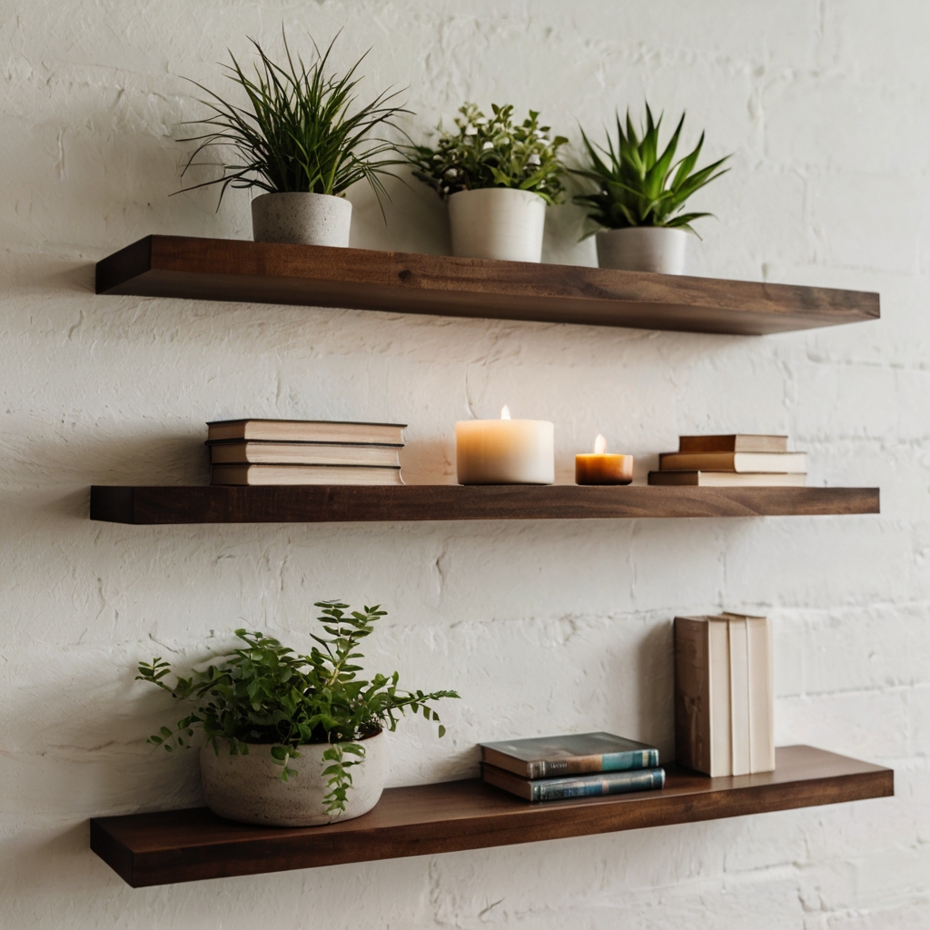 Floating wooden shelves on white walls styled with plants, candles, and books. Soft afternoon light adds depth and modern charm.