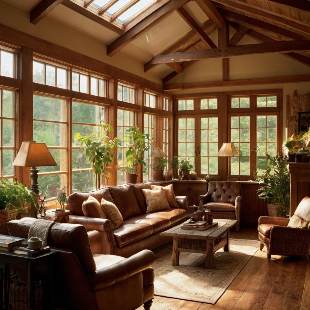 A sunroom with honey-colored wood beams and leather furniture, where sunlight creates a warm, inviting atmosphere, radiating traditional charm.