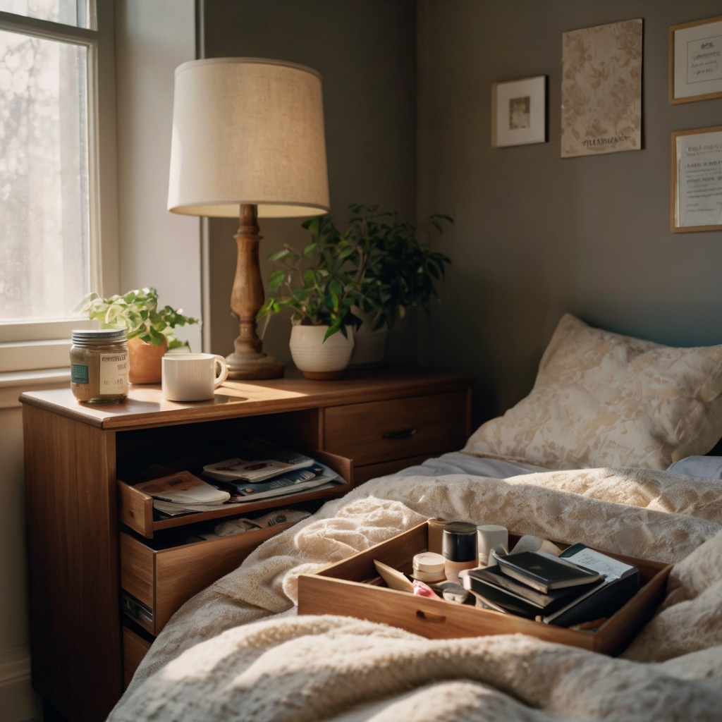 Hands decluttering a drawer into a donation box on the bed. Natural light and a calm scene convey productive simplicity.