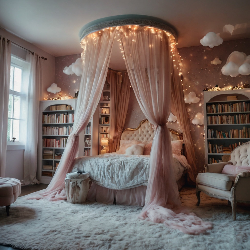 Pastel-toned fairytale bedroom with soft drapes, dreamy decor, and ethereal lighting. Imaginative design brings a storybook feel.