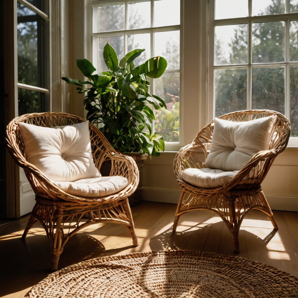 Wicker chairs with faded floral cushions bask in soft indoor sunlight. Shadows curve gently across woven textures and cozy seating.
