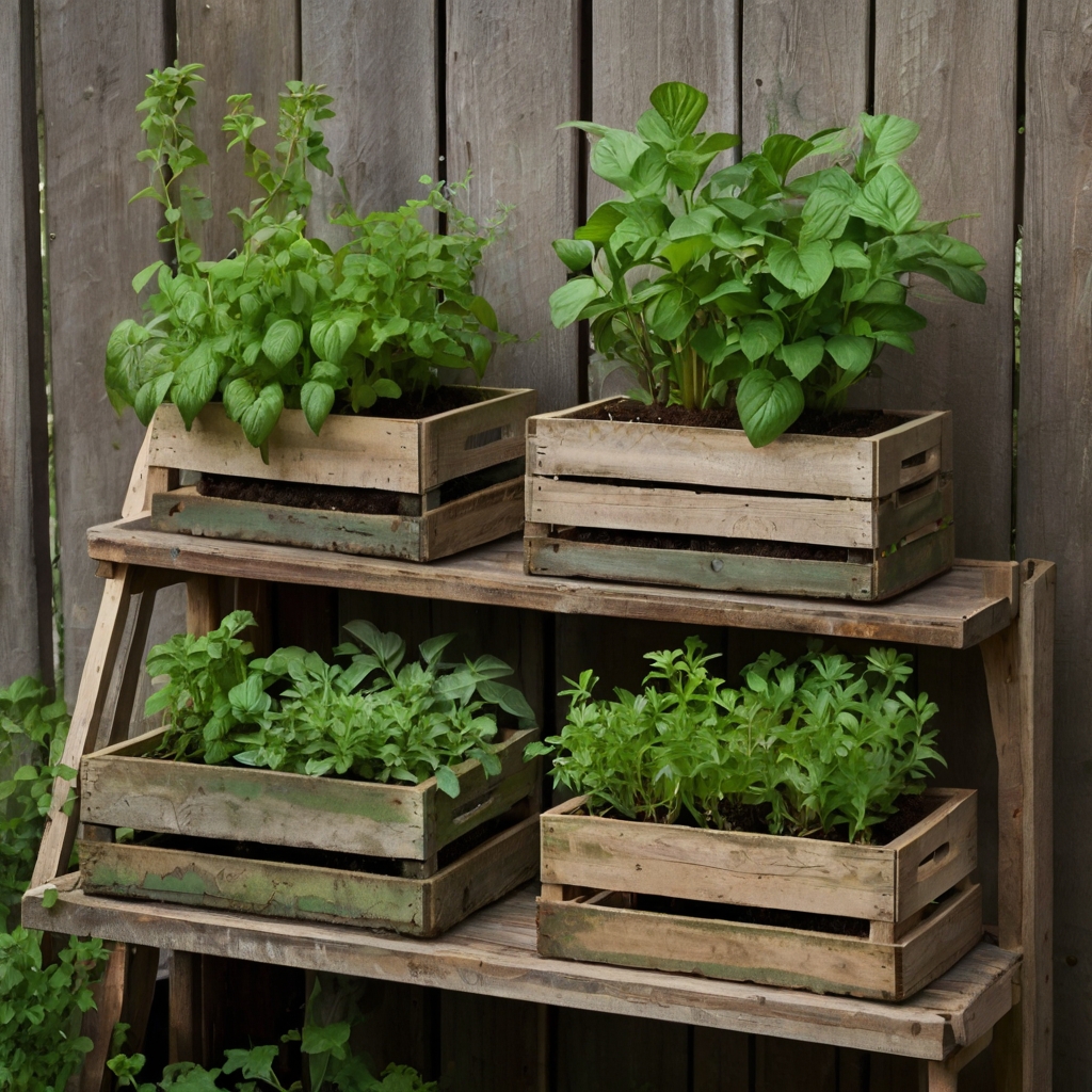 Herb-filled wooden crates stack neatly along a misty garden wall. Sunlight filters over mint and basil sprouting in rustic containers.