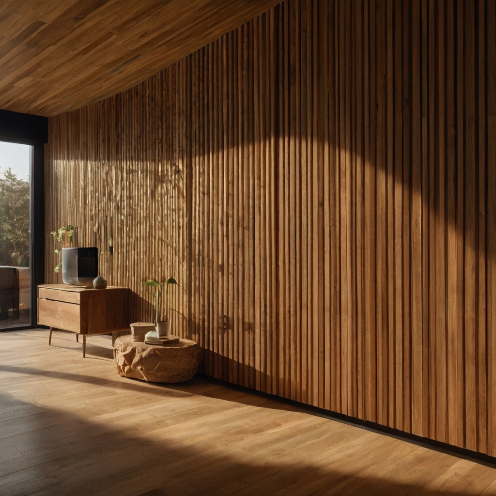 Vertical oak wood slat accent wall with visible grain, bathed in warm natural light. Side shadows and rich texture offer a cozy, minimalistic style.