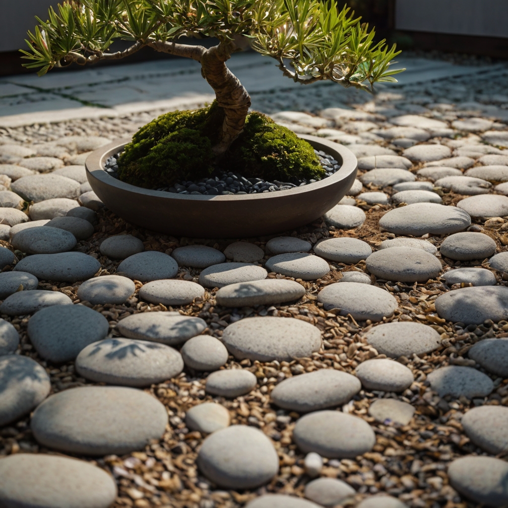 Large stones rest in spaced symmetry under trees. Minimalist layout expresses quiet elegance.