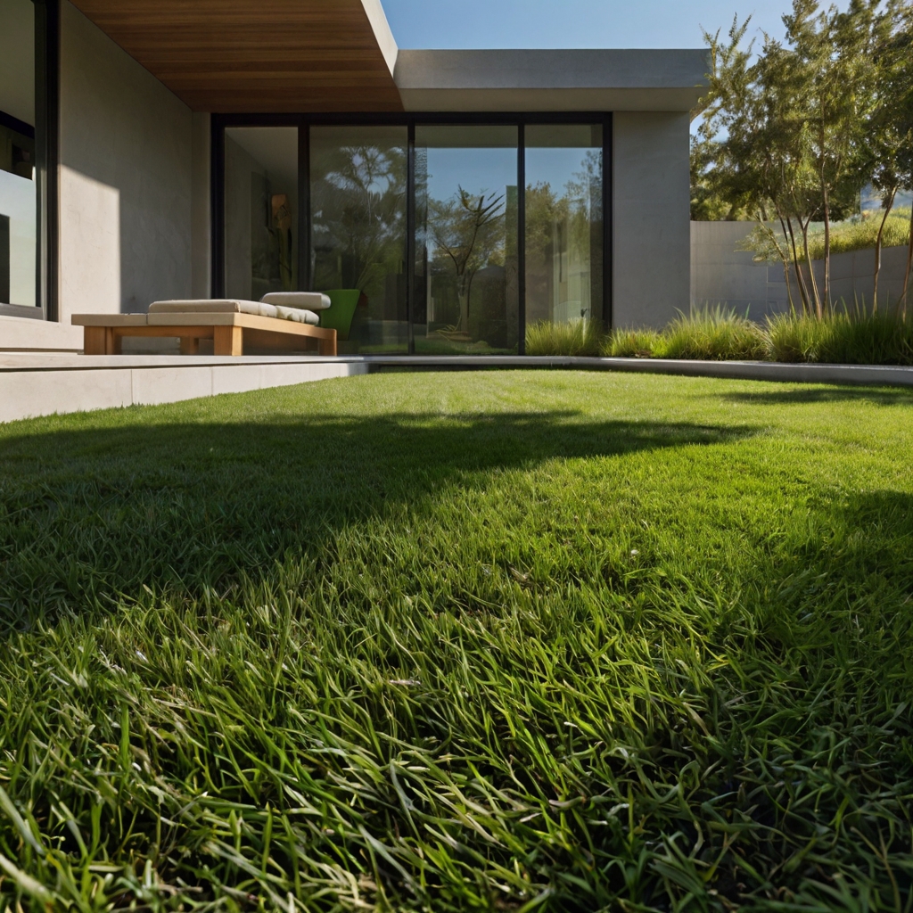 Foot-level shot of lush zoysia grass near a modern stone patio in midday sun. Crisp turf texture and light breeze bring natural garden energy.