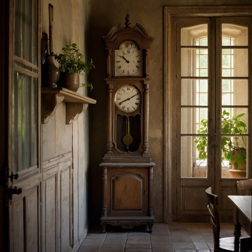 Weathered antique clock with faded numerals stands near a pantry, lit by warm indoor light. Its slow-moving hands symbolize timelessness.
