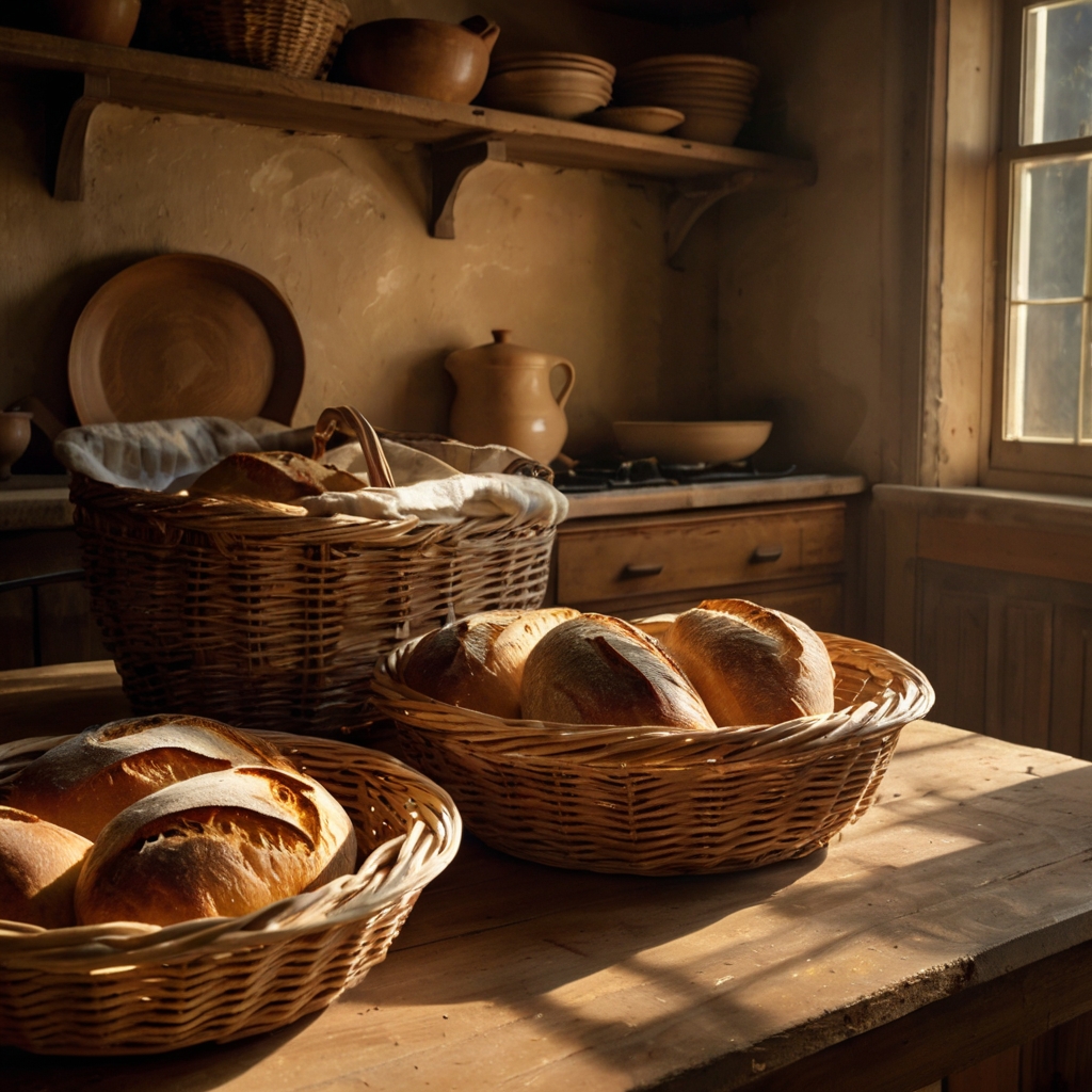 Wicker baskets brim with steaming fresh bread, steam curling in gentle morning light. The scene evokes comforting, slow kitchen mornings.