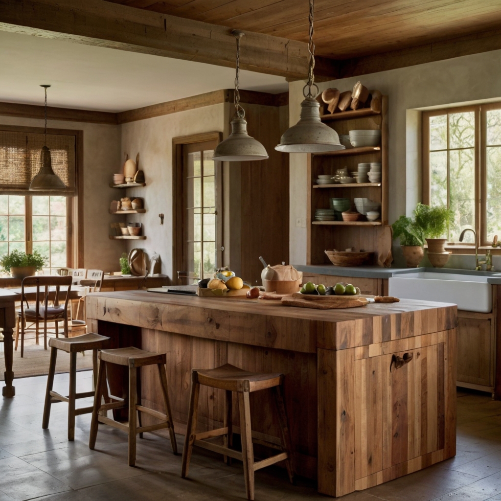 Butcher block island shows knife marks and stains, glowing in warm side light. Its worn wood is the heart of a welcoming kitchen.