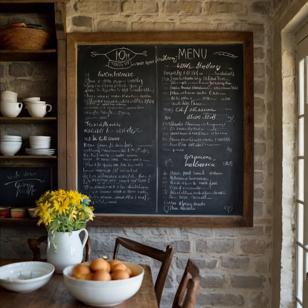 Rustic chalkboard menu with hand-drawn pies and hearts hangs on a plaster wall. Soft light highlights rough chalk texture and informal style.