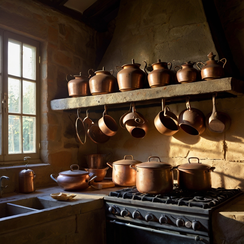 Aged copper pots hang above a stove, glowing softly in late afternoon sunlight. Their gentle sway adds rustic charm and warmth.