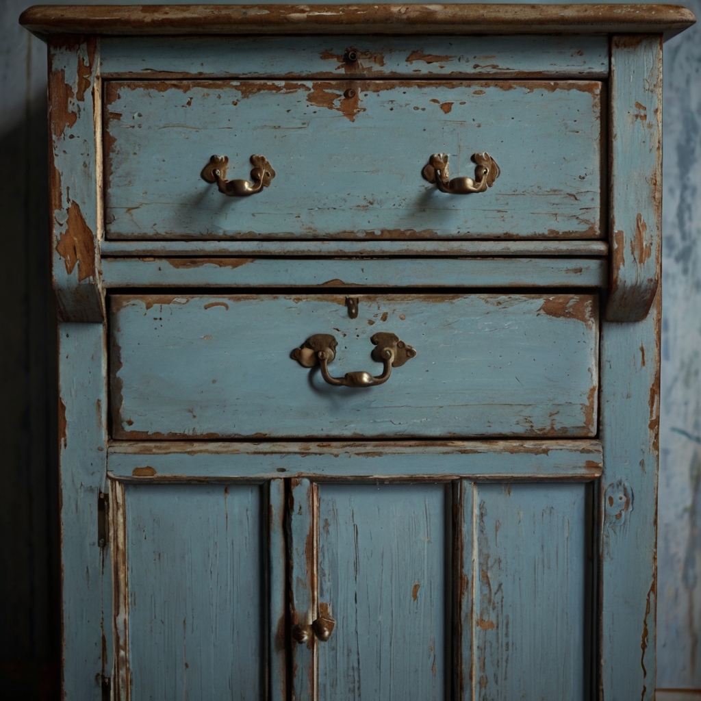 Close-up of weathered blue furniture with flaking paint and worn edges. Warm light highlights its tactile aged beauty.