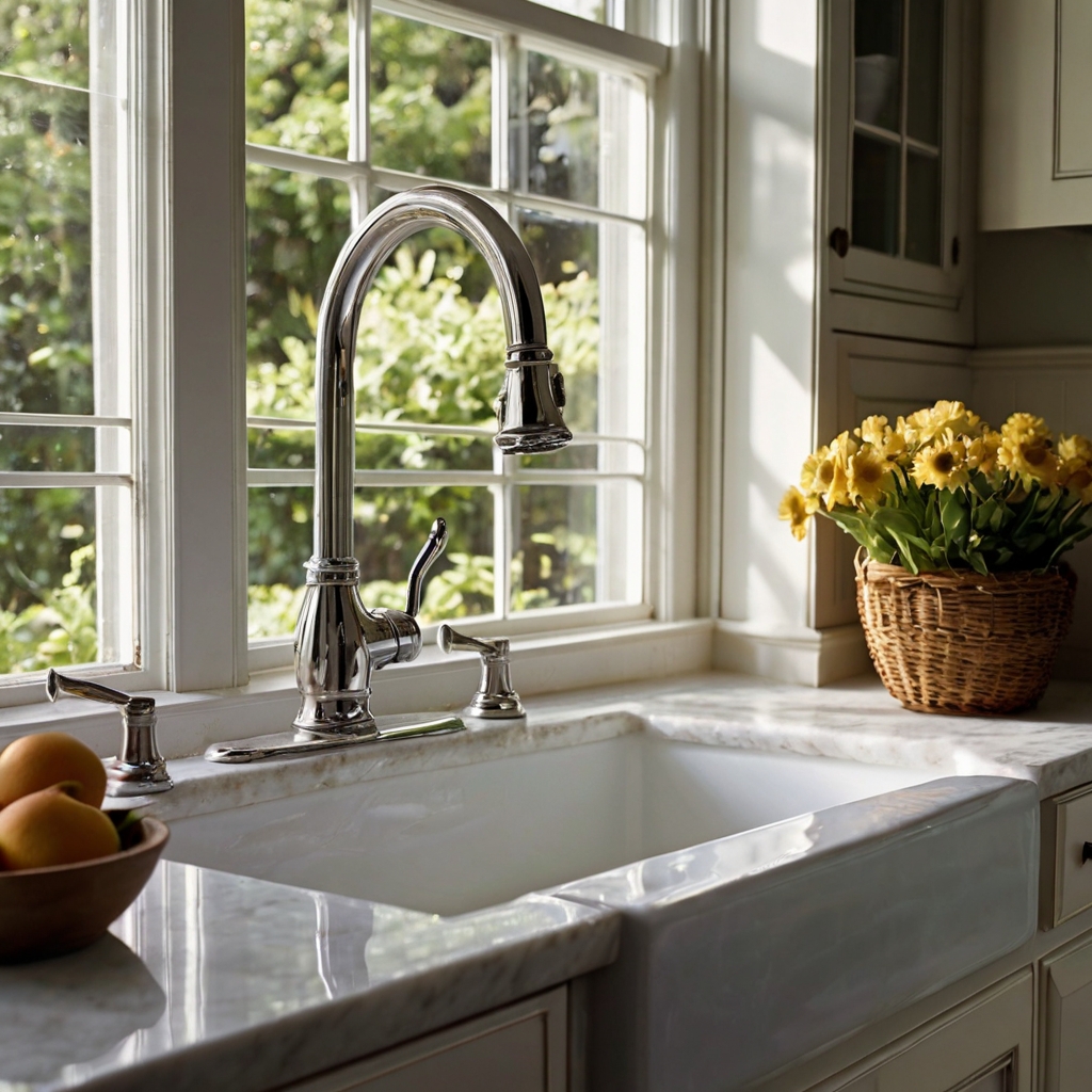 Deep white farmhouse sink glistens with water droplets in soft sunlight. Chips and stains tell stories of years spent in use.