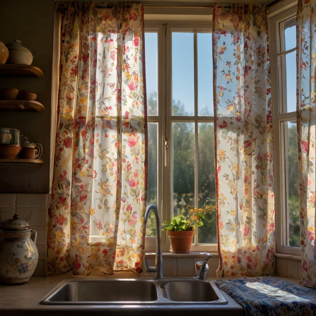 Sheer floral curtains flutter gently by an open window, touched by warm sunlight. Their soft colors brighten the kitchen’s morning air.