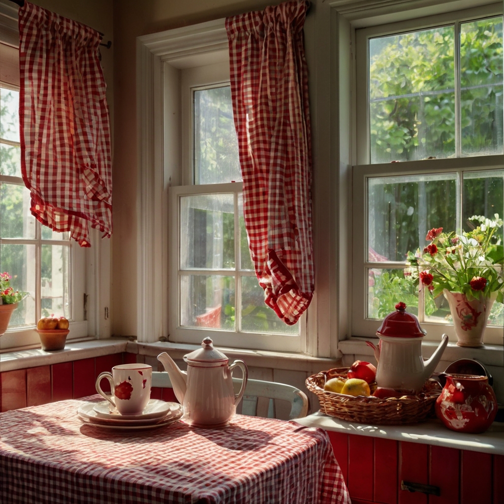 Red-and-white gingham fabric drapes gently over windows and cushions, fluttering in a warm breeze. The pattern evokes nostalgic kitchen warmth.
