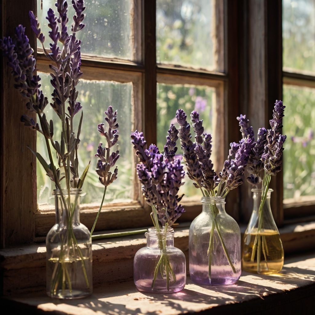 Dried lavender bunches rest on sunlit windowsills, purple hues softened by afternoon light. Nearby bees hover gently in the quiet.