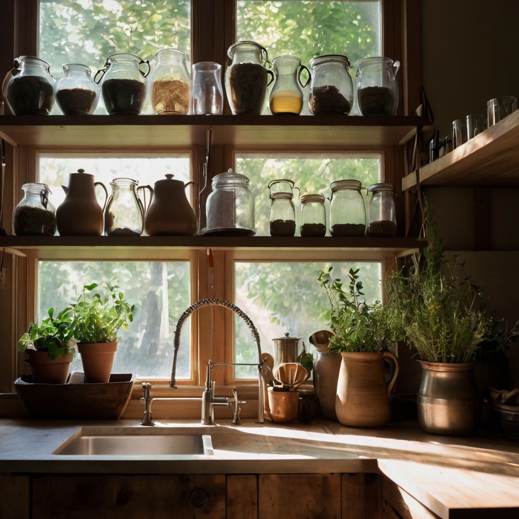 Wooden open shelves hold glass jugs, copper bowls, and dried herbs, warmly lit by natural light. The kitchen feels lived-in and welcoming.