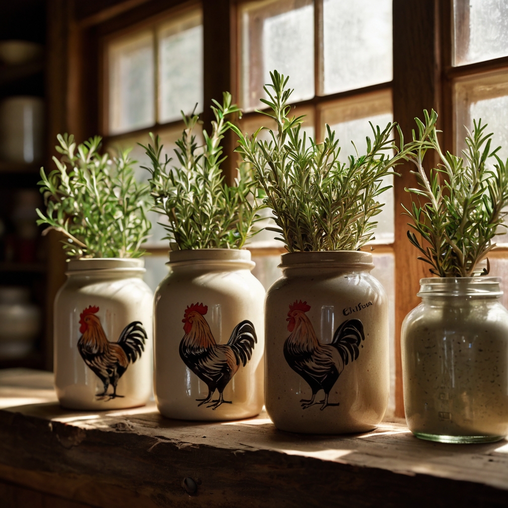Ceramic roosters perch amid dried herbs on rustic shelves, lit softly by natural daylight. The vignette captures rural kitchen charm.
