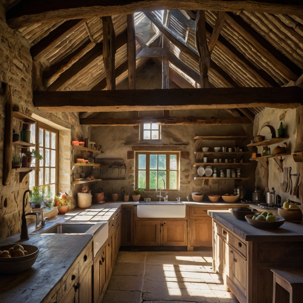 Massive rustic wooden beams with deep grain stretch across the ceiling. Soft morning light casts shadows that reveal every crack and knot.