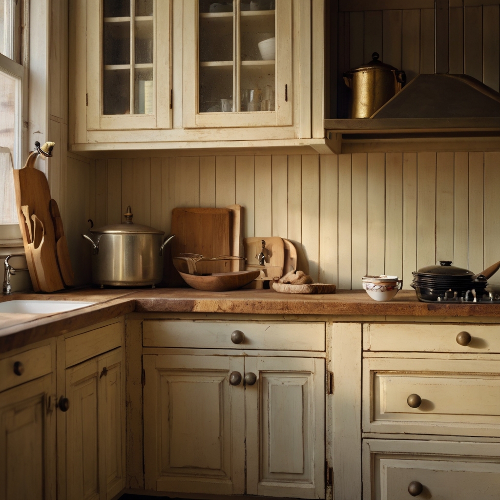Cream cabinets with subtle distress and antique brass knobs bask in warm, diffused morning light. Their texture and muted tones evoke cozy elegance.