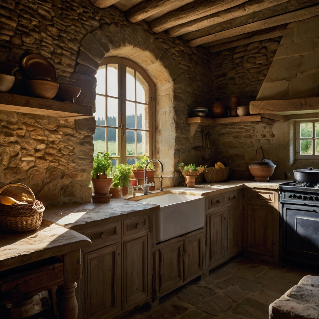 Rough stone walls glow with warm highlights and cool shadows from morning sun. Textured surfaces show centuries of history and calm.